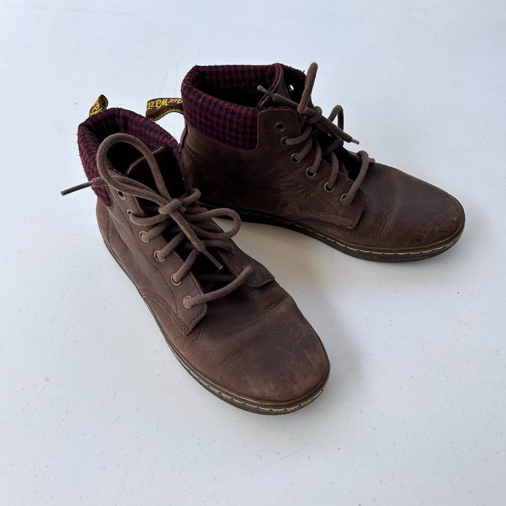 *Dr. Martens* Brown Leather Maelly Boots with Red Plaid Collar - Women’s 8